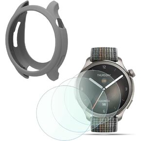 Smart Watch Protective Case and Film Compatible for Amazfit Balance, Tempered Glass Screen Protector and Silicone Soft Frame Cover (Pack of 3+1)
