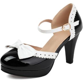 ForeMode Bow Mary Jane Shoes High Heels Closed Round Toe Pumps Leather Summer Sweet Shoe