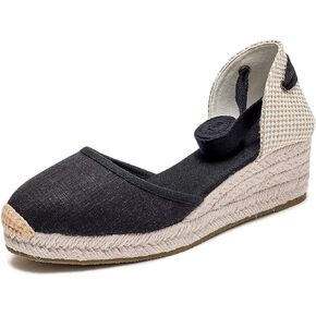 U-lite Womens Platform Wedge Sandals Espadrilles Closed Toe Ankle Strap Lace Up Ankle-Tie Strap Classic Espadrille Heel Black 6.5