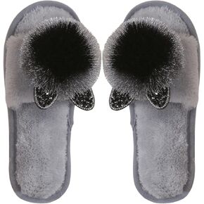 OYOANGLE Women's Pom Pom Fuzzy Slippers Faux Fur Open Toe Slides Slippers Comfy Indoor House Shoes