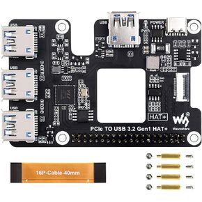 Waveshare PCIe to USB 3.2 Gen1 HAT for Raspberry Pi 5, PCIe to USB HUB, PCIe to Four High Speed USB Ports for Connecting More Peripherals, Driver-Free Plug and Play, HAT + Standard