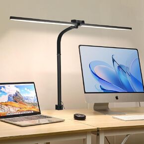 LED Desk Lamp with Clamp, 20W 80CM Architect Desk Lamp, Bright Double Head Gooseneck Table Light with 5 Color Modes, Stepless Dimming and Tempering Table Lamp for Office Home Study Drafting