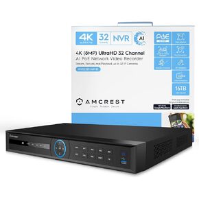 Amcrest 5Series 4K 32 Channel 16 Ports PoE NVR (Record 32CH 4K @30fps View/Playback 4CH 4K@30fps) Network Video Recorder (Hard Drive Not Included) NV5232E-16P-EI