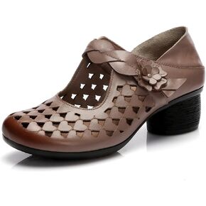 Women's Hollow Leather Hook and Loop Chunky Heel Mary Jane Shoes Wide Round Toe Flower Comfortable Soft Non-Slip Dress Block Heel Pumps for Evening Dating