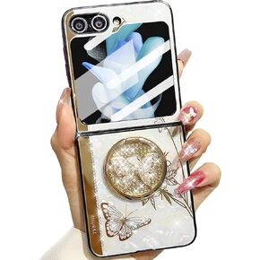 for Samsung Galaxy Z Flip 6 Glitter Kickstand Case,Cute Bling Sparkle Rhinestone Butterfly with Ring Stand Marble Elegant Shockproof Phone Case for Women Girls for Galaxy Z Flip 6 5G (White)