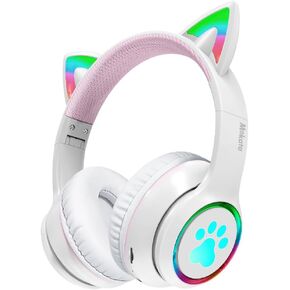 Headphones Cat Ear Wireless Bluetooth 5.3 60H Over Ear, 8H with Led Light Foldable Music Gaming Headset with Aux 3.5mm Mic for Game TV Pad Tablet Laptop Cellphone Black