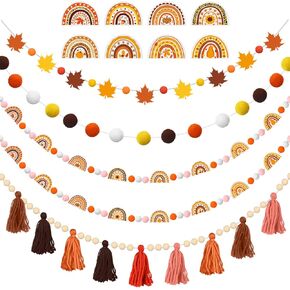 Sumind 5 Pcs Rainbow Tassel Garland Boho Pom Pom Garland Decorations Rainbow Felt Ball Garland Colorful Candy Garland Banner for Holiday Home Office School Classroom Decor(Classic)
