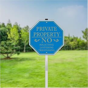No Soliciting Sign for House, Large Private Property No Trespassing Sign, 10 x 10 Inches No Loitering Aluminum Metal Signs with 28 Inches Long Stakes for Outdoor Yard