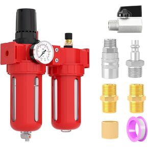 3/8" NPT Aluminium Air Compressor Moisture Filter, Coalescing Filter, Lubricator and Air Regulator, Manual Drain with 150 PSI Gauge and Valve Shut Off Switch for Air Tools and Spray Paint Gun