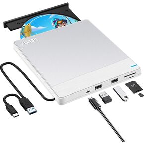 NOLYTH External CD/DVD Drive Ultra-Thin: USB 3.0 & USB C CD Burner with SD/TF/2 USB Ports Portable +/-RW DVD Player for Laptop PC Mac Windows Apple Desktop Linux