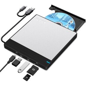 محرك الأقراص المضغوطة/أقراص DVD الخارجية من NOLYTH رفيع للغاية: ناسخ أقراص مضغوطة USB 3.0 وUSB C مع منافذ USB SD/TF/2 محمول +/-RW مشغل DVD لأجهزة الكمبيوتر المحمول وأجهزة الكمبيوتر المحمول وأجهزة Mac Windows وApple Desktop Linux