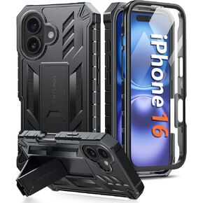 حافظة هاتف FNTCASE لهاتف iPhone 16: حافظة لهاتف iPhone 16 مع مسند وغطاء واقٍ من الدرجة العسكرية مقاوم للصدمات - طبقة مزدوجة حماية كاملة ومتين غير لامع ومقاوم للسقوط - 6.1 بوصة أسود in Kuwait