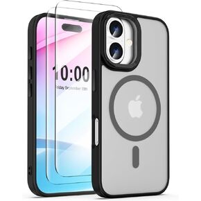Fit for iPhone 16 Pro Max Case with 2pcs HD 6.1" Tempered Phone Films-Compatible with MagSafe, Anti-Fingerprint TPU Thin iPhone Cases Cover, Metal buttons Protective Shockproof Matte Case(Black)