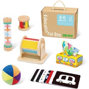 TOOKYLAND Montessori Toys for Babies 0-6 Months, 6 in 1 Learning Educational Set Newborn Toys Including Sensory Ball, Rain Stick, Baby Roller, Spinning Drum, Black and White Cards, Tissue Box.