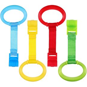 4pcs Baby Crib Pull Rings Baby Cot Hanging Rings Baby Bed Stand Up Rings Walking Assistant Stand Up Rings Learning Standing Crib Hanging Ring for Strollers, Playpen (Red/Yellow/Green/Blue)
