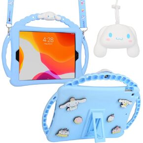 for iPad 9th 8th 7th Generation Case, iPad 10.2 Case with Wallet, Kickstand,Shoulder Straps, 3 Handles, Cute Cartoon Silicone Tablet Cover Kids Girls Boys (Blue)