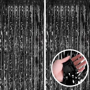 Black Streamers for Black Party Decorations-SINBEE Black Foil Fringe Curtain Black Birthday Decorations Black Fringe Backdrop for Halloween- 2 Packs
