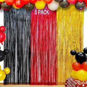 Mickey Birthday Decorations - 3 Pack of 3.2x8.2ft Red Black Gold Tinsel Fringe Backdrop Streamers Curtains for Mickey Themed Party Photo Booth Prop Backdrop