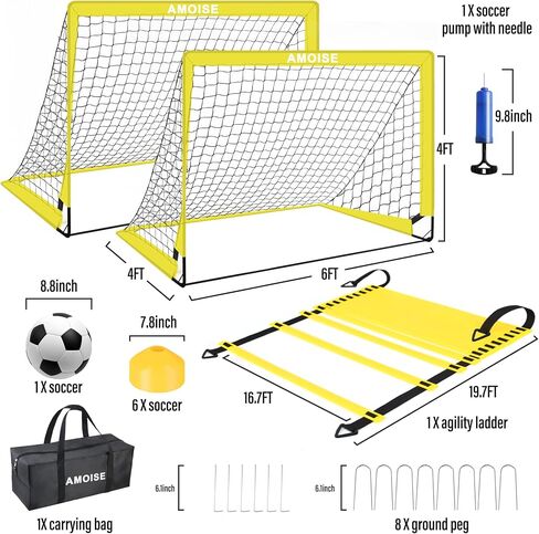 Kids Soccer Goals for Backyard Set of 2, Amoise 4 x 3 ft Portable Soccer Goal Training Equipment with Soccer Ball, Agility Ladder and Cones Pop Up Portable Soccer Set for Kids Youth Training Goals in Saudi Arabia
