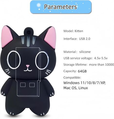 64GB USB 2.0 Flash Drive Cartoon Novelty Cute Cat Memory Stick Silicone Rubber Ainmal Pendrive Black, 64GB-blackcat2.0 in Saudi Arabia