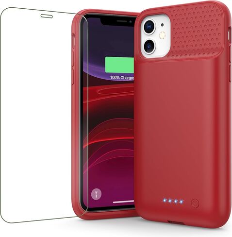 حافظة بطارية لهاتف iPhone 11/XR (6.1 بوصة)، غطاء حافظة شاحن محمول نحيف بقدرة 7500 مللي أمبير في الساعة، حافظة شحن بطارية خارجية مع واقي شاشة من الزجاج المقوى لهاتف iPhone 11/iPhone XR (أسود) in Kuwait