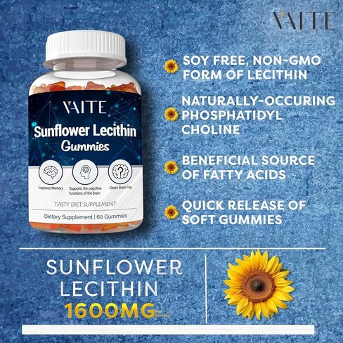 علكة ليسيثين عباد الشمس 800 ملغ - مكملات لقنوات الحليب المسدودة، مكملات الكولين الفوسفاتيديل العضوي، غير معدلة وراثيًا، نباتي، خالي من الصويا، خالي من الغلوتين، تحسين تعزيز الذاكرة - 60 قطعة in Kuwait