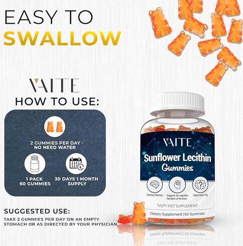 علكة ليسيثين عباد الشمس 800 ملغ - مكملات لقنوات الحليب المسدودة، مكملات الكولين الفوسفاتيديل العضوي، غير معدلة وراثيًا، نباتي، خالي من الصويا، خالي من الغلوتين، تحسين تعزيز الذاكرة - 60 قطعة in Kuwait