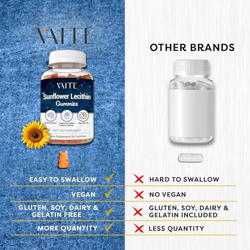 علكة ليسيثين عباد الشمس 800 ملغ - مكملات لقنوات الحليب المسدودة، مكملات الكولين الفوسفاتيديل العضوي، غير معدلة وراثيًا، نباتي، خالي من الصويا، خالي من الغلوتين، تحسين تعزيز الذاكرة - 60 قطعة in Kuwait