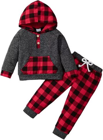 1 Year Old Boy Clothes Fall Winter Baby Boy Clothes Outfits Plaid Button Long Sleeve Hoodie Sweatshirt Pants Sets, Baby Boy Outfit Red Plaid 12-18 Months in Kuwait
