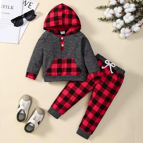 1 Year Old Boy Clothes Fall Winter Baby Boy Clothes Outfits Plaid Button Long Sleeve Hoodie Sweatshirt Pants Sets, Baby Boy Outfit Red Plaid 12-18 Months in Kuwait