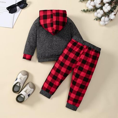 1 Year Old Boy Clothes Fall Winter Baby Boy Clothes Outfits Plaid Button Long Sleeve Hoodie Sweatshirt Pants Sets, Baby Boy Outfit Red Plaid 12-18 Months in Kuwait