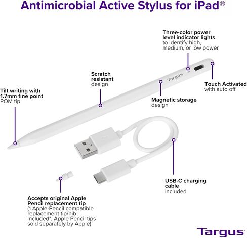 Targus Active Stylus for iPad - Take Notes, Doodle and Navigate Seamlessly, 1:1 Apple Pencil Size and Accepts Original Apple Pencil Replacement Tip (AMM174AMGL) in Saudi Arabia