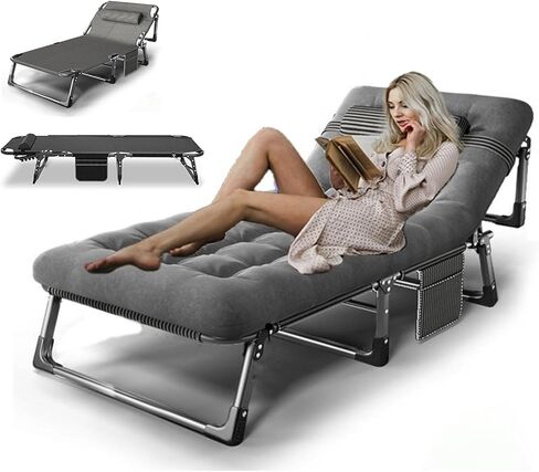 XL Portable Folding Camping Cot, Oversize 29.5in Adjustable 4-Position Adults Reclining Lounge Chairs With Pillow, Outdoor Folding Lounge Chair Sleeping Cots Bed, Perfect for Camping, Pool, Beach in Kuwait