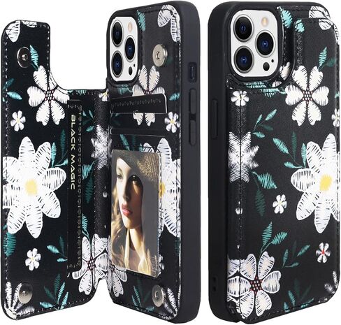 Women Phone Wallet Case Compatible for iPhone 14 Pro with Card Holder,Premuim Leather with Lace Flowers Pattren add Charms,Easily 3 Cards,Kickstand,Raised Coner Protections(Black,6.1inch) in Saudi Arabia