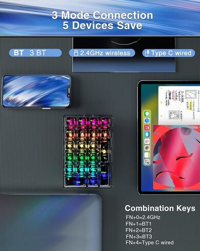 K21 RGB Backlit Tri-Mode Transparent Wireless Mechanical Number Pad Supports 3 Bluetooth/2.4GHz/Type C Wired,Hot Swappable 21 Keys Mechanical Numpad with Transparent Keycaps White in Kuwait