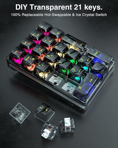 K21 RGB Backlit Tri-Mode Transparent Wireless Mechanical Number Pad Supports 3 Bluetooth/2.4GHz/Type C Wired,Hot Swappable 21 Keys Mechanical Numpad with Transparent Keycaps White in Kuwait