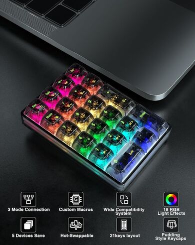 K21 RGB Backlit Tri-Mode Transparent Wireless Mechanical Number Pad Supports 3 Bluetooth/2.4GHz/Type C Wired,Hot Swappable 21 Keys Mechanical Numpad with Transparent Keycaps White in Kuwait