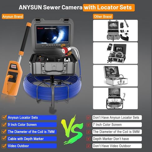 كاميرا Anysun Sewer مع مجموعة تحديد المواقع، التسوية الذاتية، كابل 7 مم مع علامة عمق، IP68 كاميرا ثعبان منظار السباكة المقاومة للماء مع شاشة ملونة 9 بوصة، 12 قطعة ضوء، مسجل مع 32 جيجابايت (150 قدم) in Kuwait