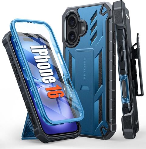 FNTCASE for iPhone 16 Phone Case: Rugged Protective Belt Clip Holster Heavy Duty with Built in Kickstand & Built-in Screen Protector | 360 Full Protection Shockproof Cover, 6.1inch (Blue) in Saudi Arabia