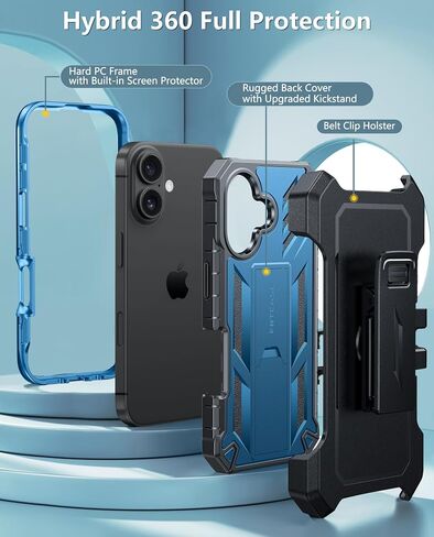 FNTCASE for iPhone 16 Phone Case: Rugged Protective Belt Clip Holster Heavy Duty with Built in Kickstand & Built-in Screen Protector | 360 Full Protection Shockproof Cover, 6.1inch (Blue) in Saudi Arabia