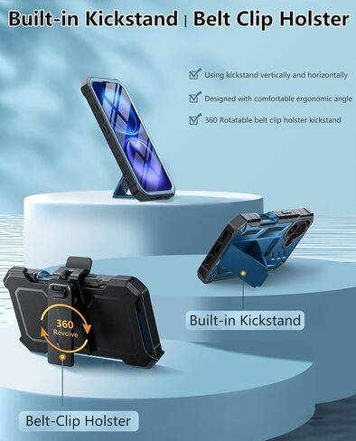FNTCASE for iPhone 16 Phone Case: Rugged Protective Belt Clip Holster Heavy Duty with Built in Kickstand & Built-in Screen Protector | 360 Full Protection Shockproof Cover, 6.1inch (Blue) in Saudi Arabia