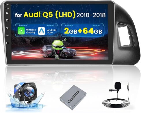 2+64G Android 13 Car Stereo for 2010-2018 Audi Q5(LHD) with Wireless Carplay Android Auto Mirror Link, 9 inch Touchscreen Radio WiFi/GPS/FM/RDS/Bluetooth/SWC/Waterproof Night Backup Cam Mic in Saudi Arabia