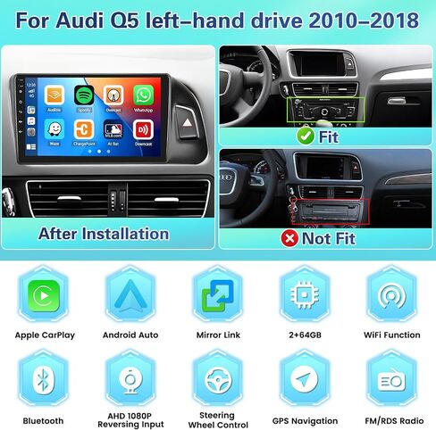 2+64G Android 13 Car Stereo for 2010-2018 Audi Q5(LHD) with Wireless Carplay Android Auto Mirror Link, 9 inch Touchscreen Radio WiFi/GPS/FM/RDS/Bluetooth/SWC/Waterproof Night Backup Cam Mic in Saudi Arabia