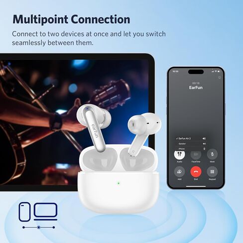 EarFun Air 2 Wireless Earbuds, 10mm Drivers with LDAC Bluetooth Earbuds, Hi-Res Audio, Bluetooth 5.3 with Multipoint Connection, 4 Mics, Wireless Charging, 40H Playtime, App Customization, IPX7 in Saudi Arabia