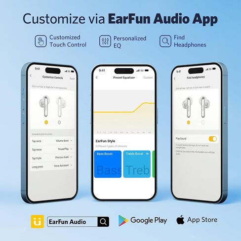 EarFun Air 2 Wireless Earbuds, 10mm Drivers with LDAC Bluetooth Earbuds, Hi-Res Audio, Bluetooth 5.3 with Multipoint Connection, 4 Mics, Wireless Charging, 40H Playtime, App Customization, IPX7 in Saudi Arabia