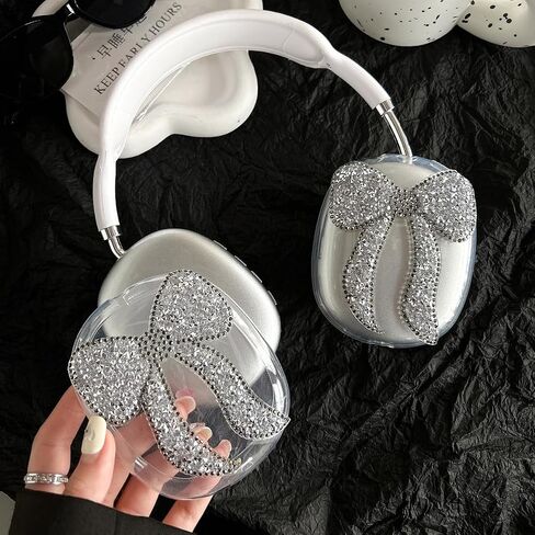 Compatible with AirPods Max Case,Cute Bow Luxurious Design,Clear Crystal Glitter Shining Bling Diamonds Case Cover for AirPod Max Suitable for Ladies Girls Gifts (Silver) in Saudi Arabia