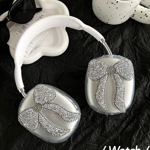 Compatible with AirPods Max Case,Cute Bow Luxurious Design,Clear Crystal Glitter Shining Bling Diamonds Case Cover for AirPod Max Suitable for Ladies Girls Gifts (Silver) in Saudi Arabia