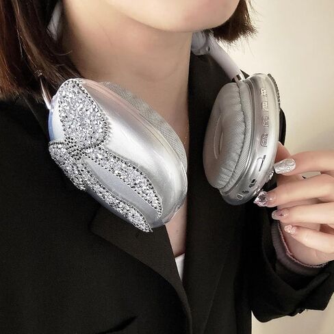 Compatible with AirPods Max Case,Cute Bow Luxurious Design,Clear Crystal Glitter Shining Bling Diamonds Case Cover for AirPod Max Suitable for Ladies Girls Gifts (Silver) in Saudi Arabia