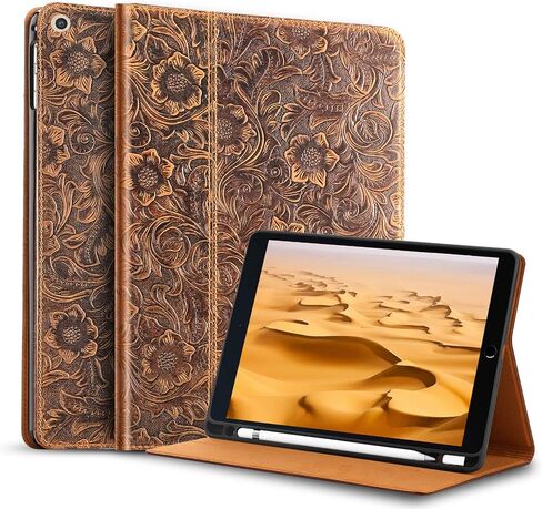 Gexmil Leather Case for iPad 10.2 inch 9th/8th/7th Gen. 2021/2020/2019 with Pencil Holder, Genuine Leather Cover Auto Sleep/Wake,Smart Folio Shockproof Protective,Anti-Fingerprint,Flower Brown in Saudi Arabia