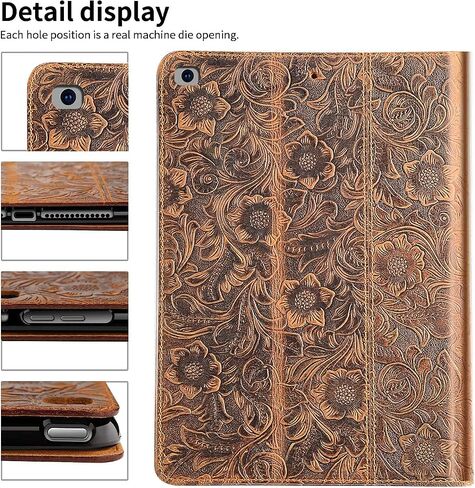 Gexmil Leather Case for iPad 10.2 inch 9th/8th/7th Gen. 2021/2020/2019 with Pencil Holder, Genuine Leather Cover Auto Sleep/Wake,Smart Folio Shockproof Protective,Anti-Fingerprint,Flower Brown in Saudi Arabia